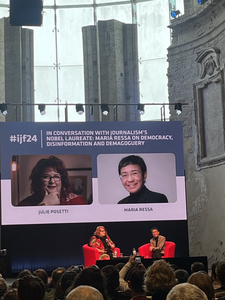 We all need to work out what we can do to stop our version of 1936 - powerful words from journalist laureate ⁦@mariaressa⁩ on democracy and disinformation this election year. Fantastic interview with ⁦@julieposetti⁩ , my ⁦@cityjournalism⁩ colleague at #ijf24