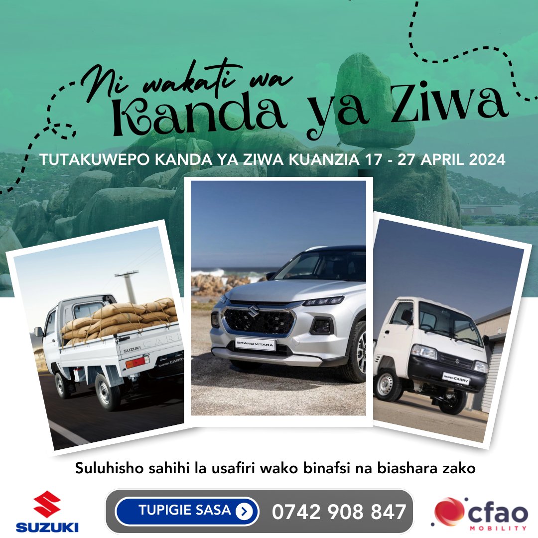cfao_mobilitytz's tweet image. Suzuki ni gari ya watu wote katika kila nyakati, Tupo Kanda ya ziwa mpaka tar 27 mwezi huu.

Tupigie leo 0742 908 847 tukushauri Suzuki sahihi kwa mahitaji yako yote ya usafiri

#lakezone #kandayaziwa #geita #kahama #shinyanga #mwanza #suzukiforveryone #suzukibycfao