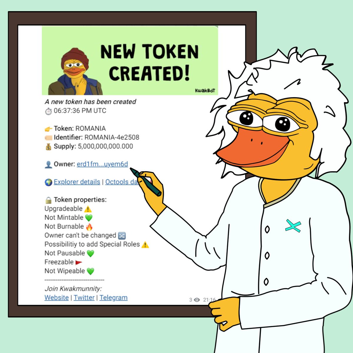 kwakdotlol's tweet photo. KWAK MORNING

In light of recent scams and rugs, the Kwakbot is now displaying the token properties while informing you immediately of new tokens, LP additions, swap enabling.... 

Be safe Madafaka! 

https://t.co/RjZgZf4Cg5 https://t.co/JBCiodjLBu