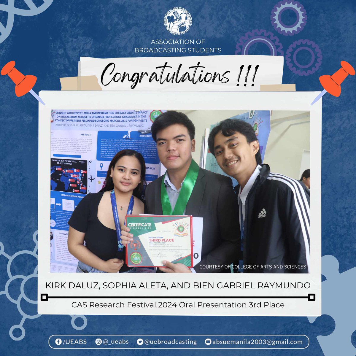 uebroadcasting's tweet photo. Congratulations to our 4th Year Representative, Kirk J. Daluz, and his research mates, Sophia Aleta and Bien Gabriel Raymundo for winning the 3rd place at the CAS Research Festival 2024! 🥳

Their study "Connect with Respect: Media and Information Literacy and its Impact on the https://t.co/BOEHbrNS6I
