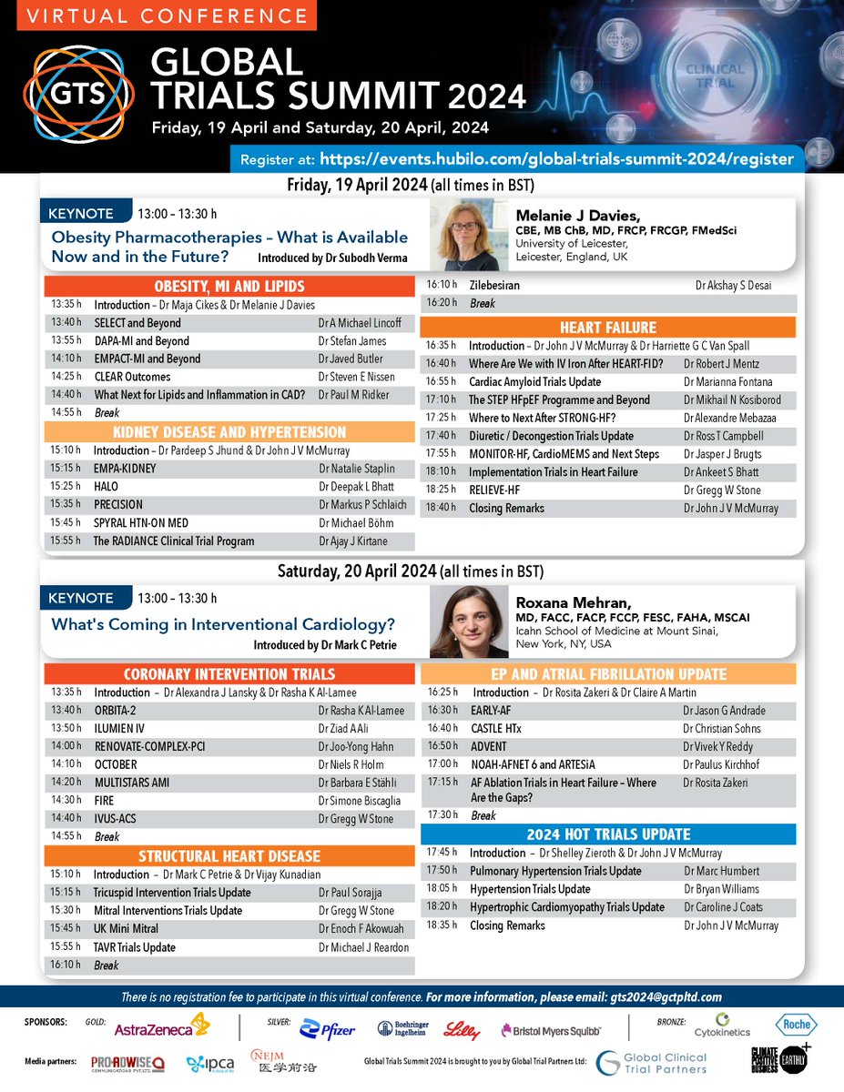 Day 2 of #GTS 2024 starts in 90 minutes. All who register can view the best summary of 2023-24 trials for 12 months FOR FREE. Register at events.hubilo.com/global-trials-…. Day 2 is intervention, structural heart disease, EP, AF and hot trial updates.