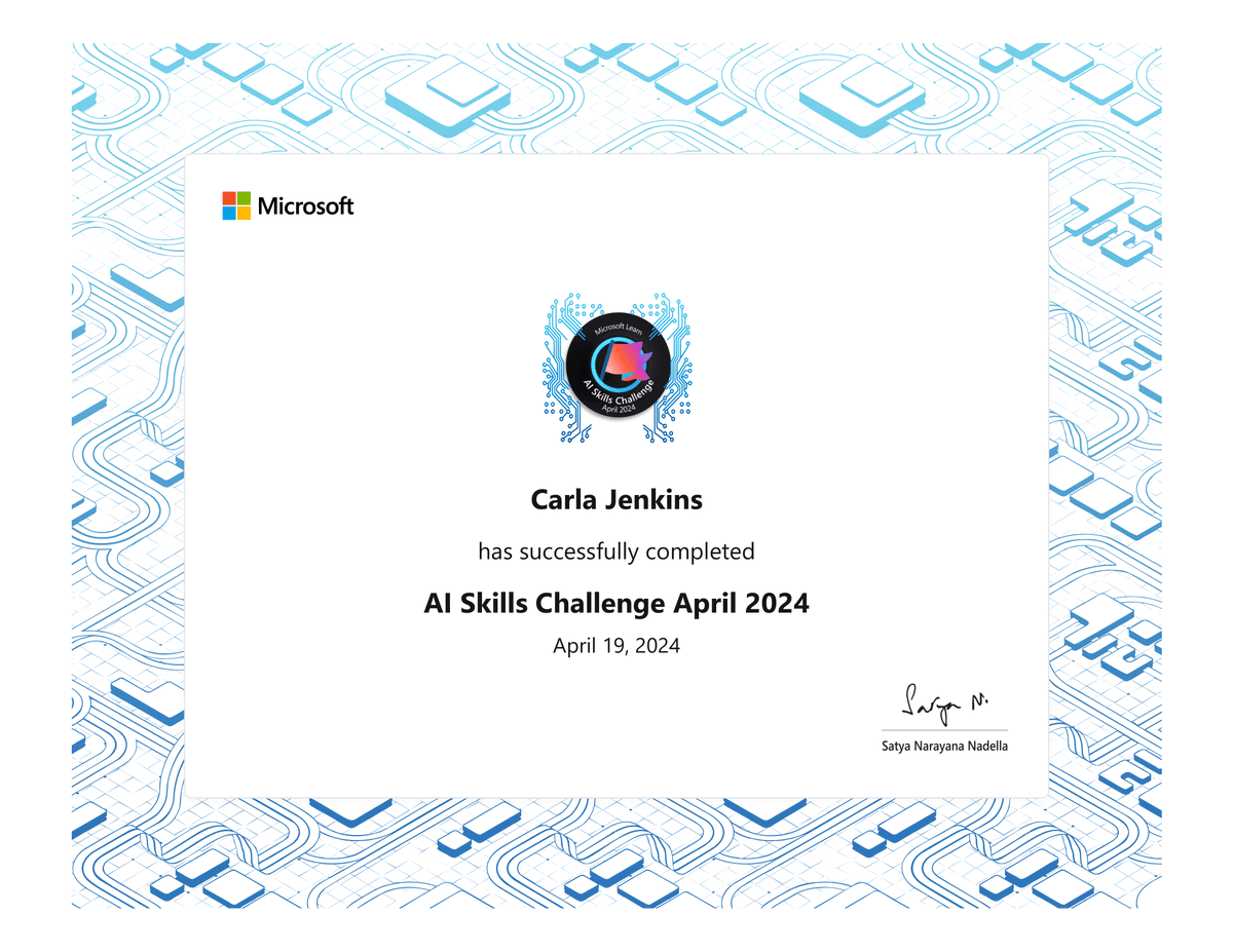 carlarjenkins's tweet photo. Hey there #TwitterFamily! I've finished @MicrosoftLearn AI-102 and DP-600 #CloudSkillsChallenge. Check out my certificate. #AI #ArtificialIntelligence #freetraining #aitraining #microsofttraining https://t.co/m71eVta4lk