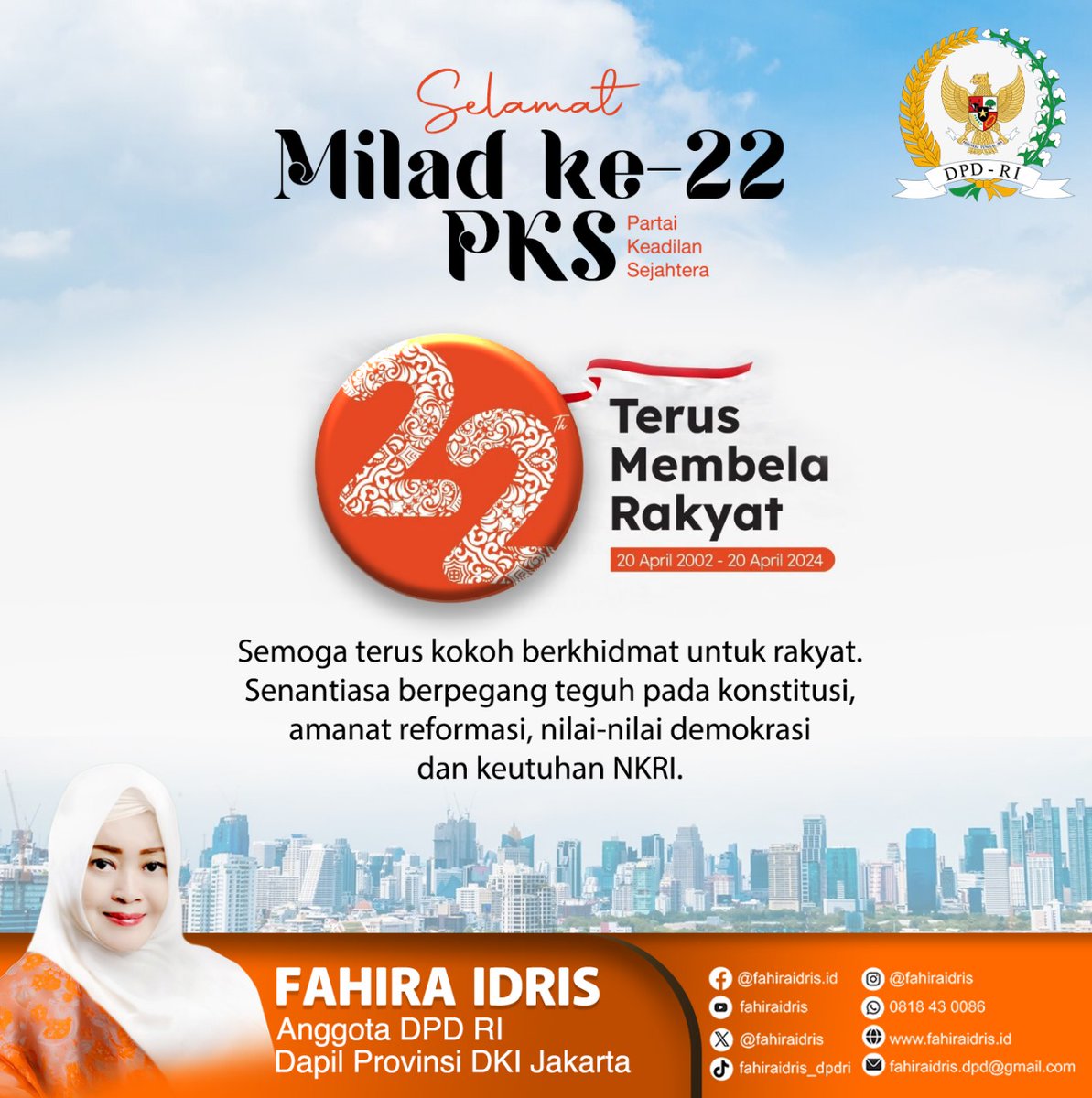 Selamat Milad Ke-22 PKS 20 April 2022-20 April 2024 Semoga terus kokoh berkhidmat untuk rakyat. Senantiasa berpegang teguh pada konstitusi, amanat reformasi, nilai-nilai demokrasi dan keutuhan NKRI. @PKSejahtera