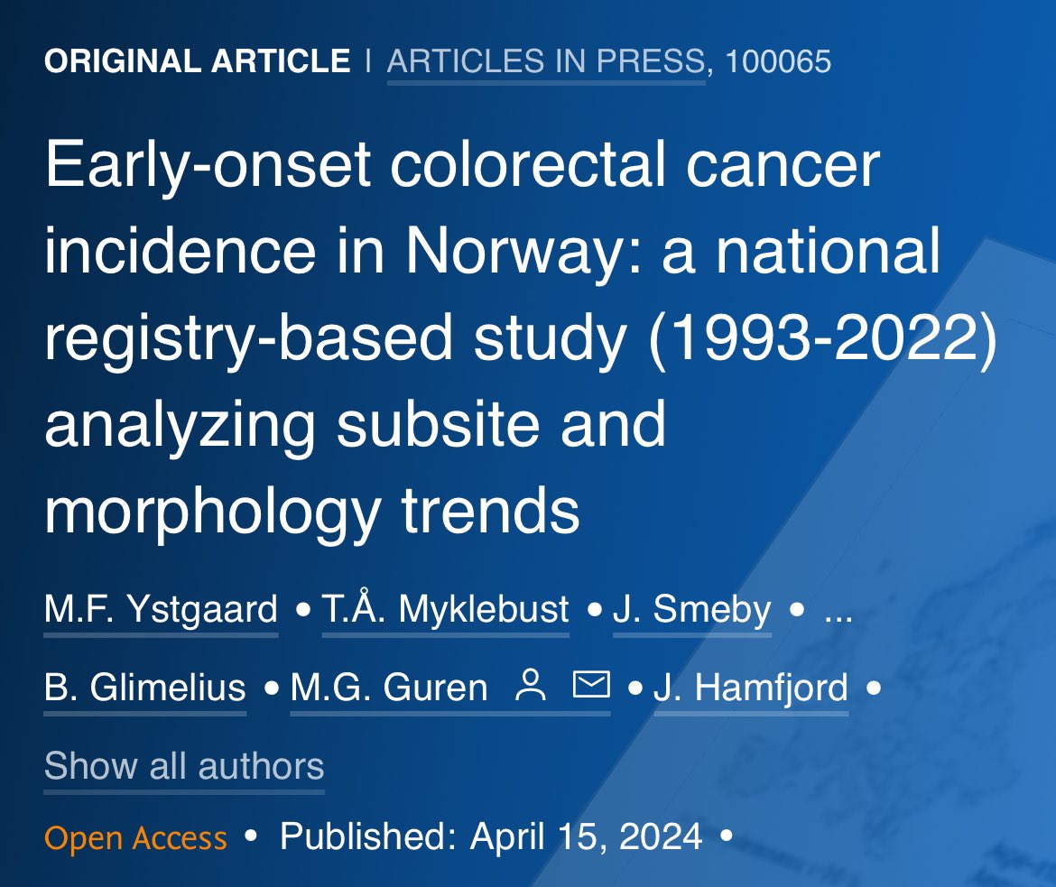 Erman_Akkus's tweet image. 🚨Early-onset colorectal cancer (EOCRC, 20-49 y) incidence is increasing worldwide: Norway data
@ESMO_Open 

➡️1993 and 2022
❗️Incidence of EOCRC increased by 66% (average annual percentage change, AAPC 1.3)
❗️Mainly left-sided colon and rectal cancers
✔️Age group 50-74 years:…