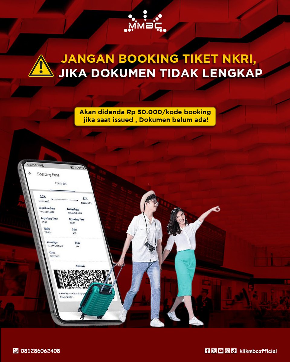 klikmbcofficial's tweet photo. Jangan Booking Tiket NKRI, Jika Dokumen Tidak Lengkap

Tiket NKRI hanya bisa di issued jika sudah menyiapkan dokumen berikut: 
1. Surat tugas, berstampel  dan tertandatangani oleh pejabat yg berwenang ( ASN, BUMD, BUMN, TNI, POLRI )
2. ⁠ Foto KTP https://t.co/ACVEnM9DT7