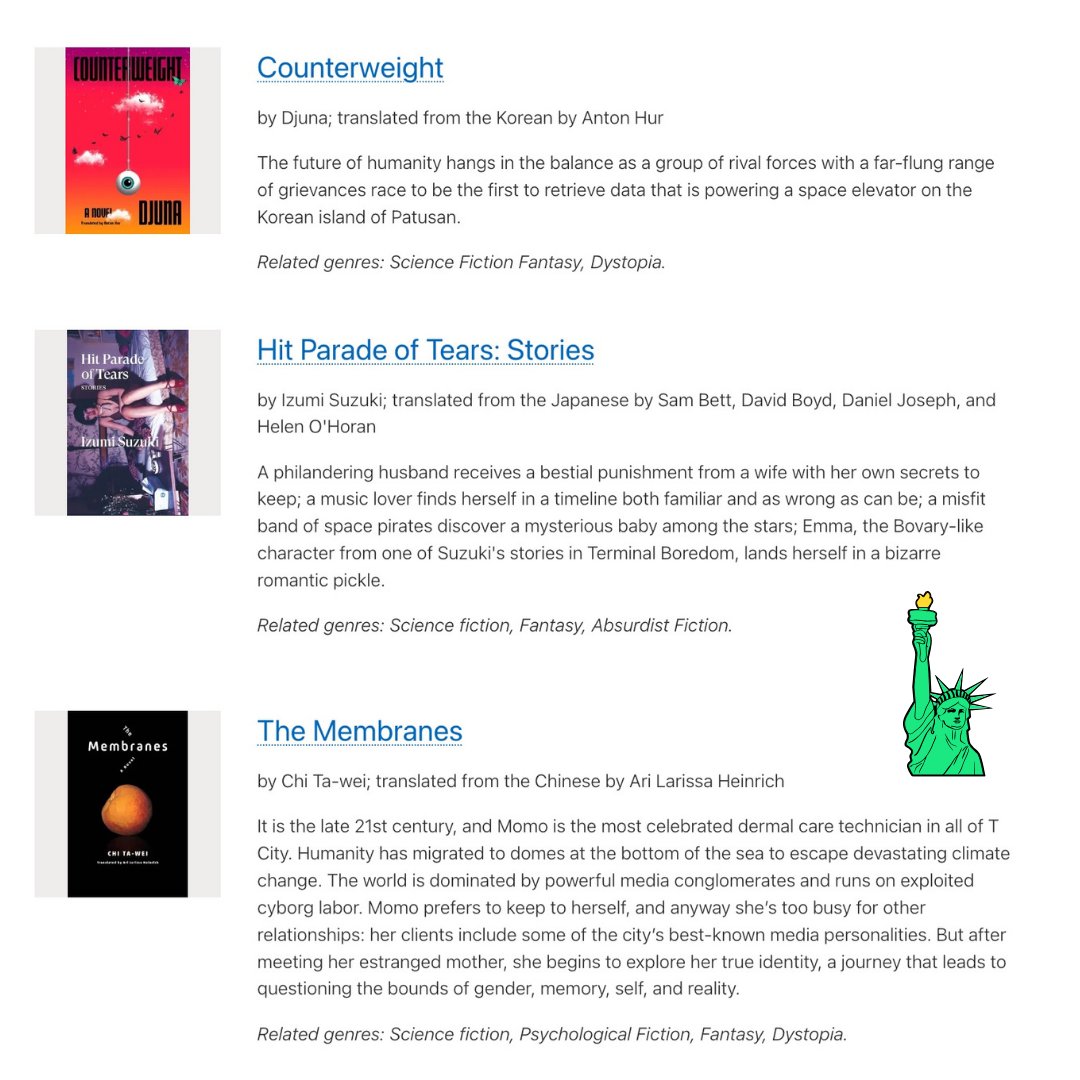 Thanks to @nypl  for its inclusion of #theMembranes (translated by Ari Heinrich, written by #chitawei #taweichi, published by @ColumbiaUP)
into 'The New York Public Library's World Literature Festival (April 15–30, 2024).'
nypl.org/blog/2024/03/2…
Speculative Fiction in
