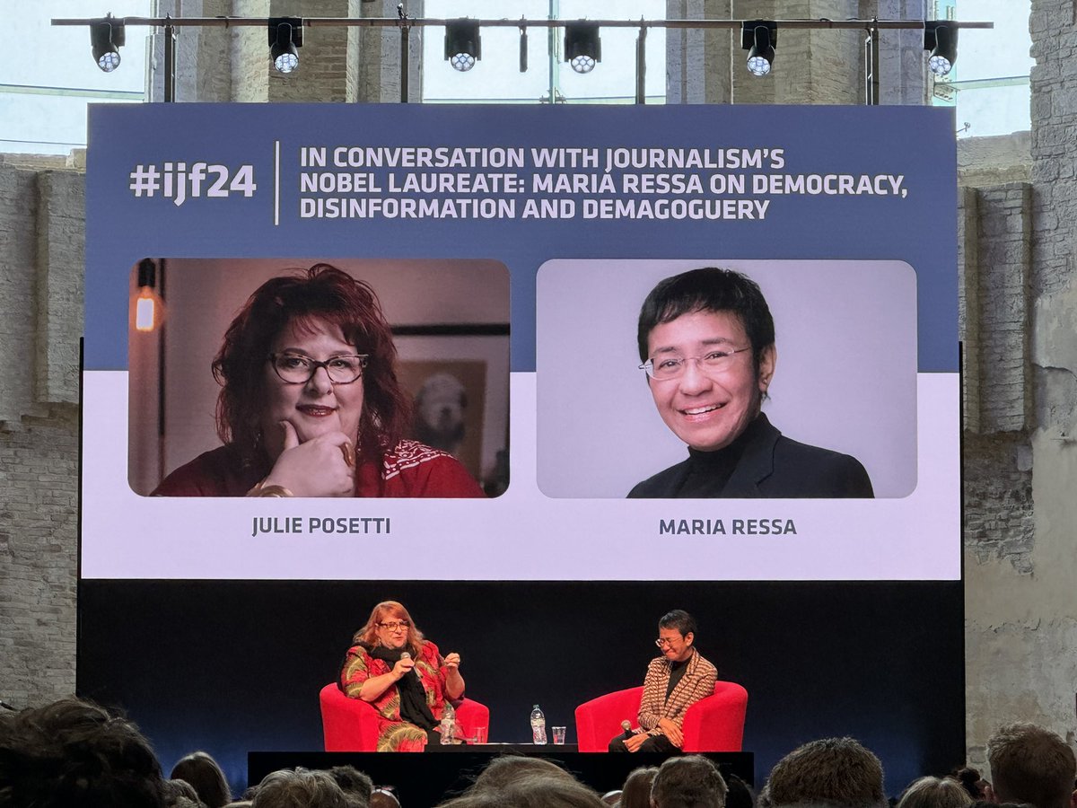 “This year and next year will be critical for news.” “If you’re not willing to do your job as journalist, you need to do more to protect the journalists that do.” @mariaressa speaking at @journalismfest #IJF24. “Look! I am not in jail.” (Applause)