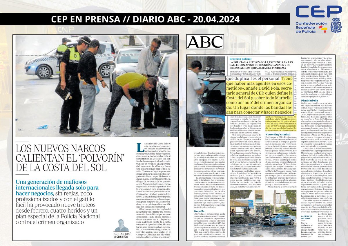 cep_cepolicia's tweet photo. 🗞️ Lo que ocurre en #Málaga con el crimen organizado exige más medios policías especializados, más inversiones y una apuesta de Estado por ganar el combate, sin miramientos. Acabando con zonas de descanso para los delincuentes. Así lo hemos defendido desde @cep_cepolicia hoy 👇🏻👇🏻 https://t.co/WiZeumZw46