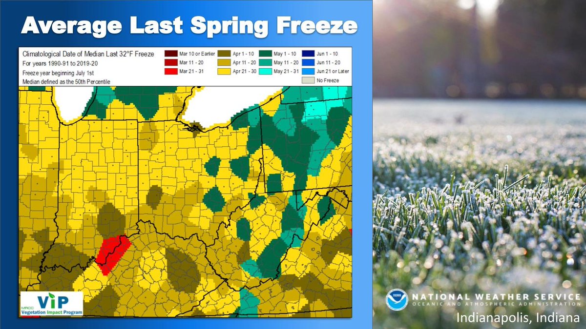 Wondering when the average last Spring freeze occurs across the region? For Central and Northern IN, it's April 21st-30th, while Southern IN sees their average last freeze earlier in April. For more detailed frost/freeze information, visit weather.gov/ind/frostfreez… #inwx