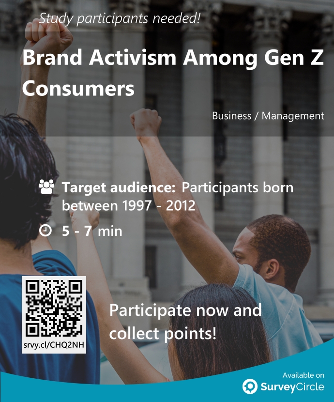 Participants needed for top-ranked study on SurveyCircle:

'Brand Activism Among Gen Z Consumers' surveycircle.com/CHQ2NH/ via @SurveyCircle

#BrandActivism #ConsumerBehavior #ConsumerResearch #GenZ #BrandAttitude #survey #surveycircle