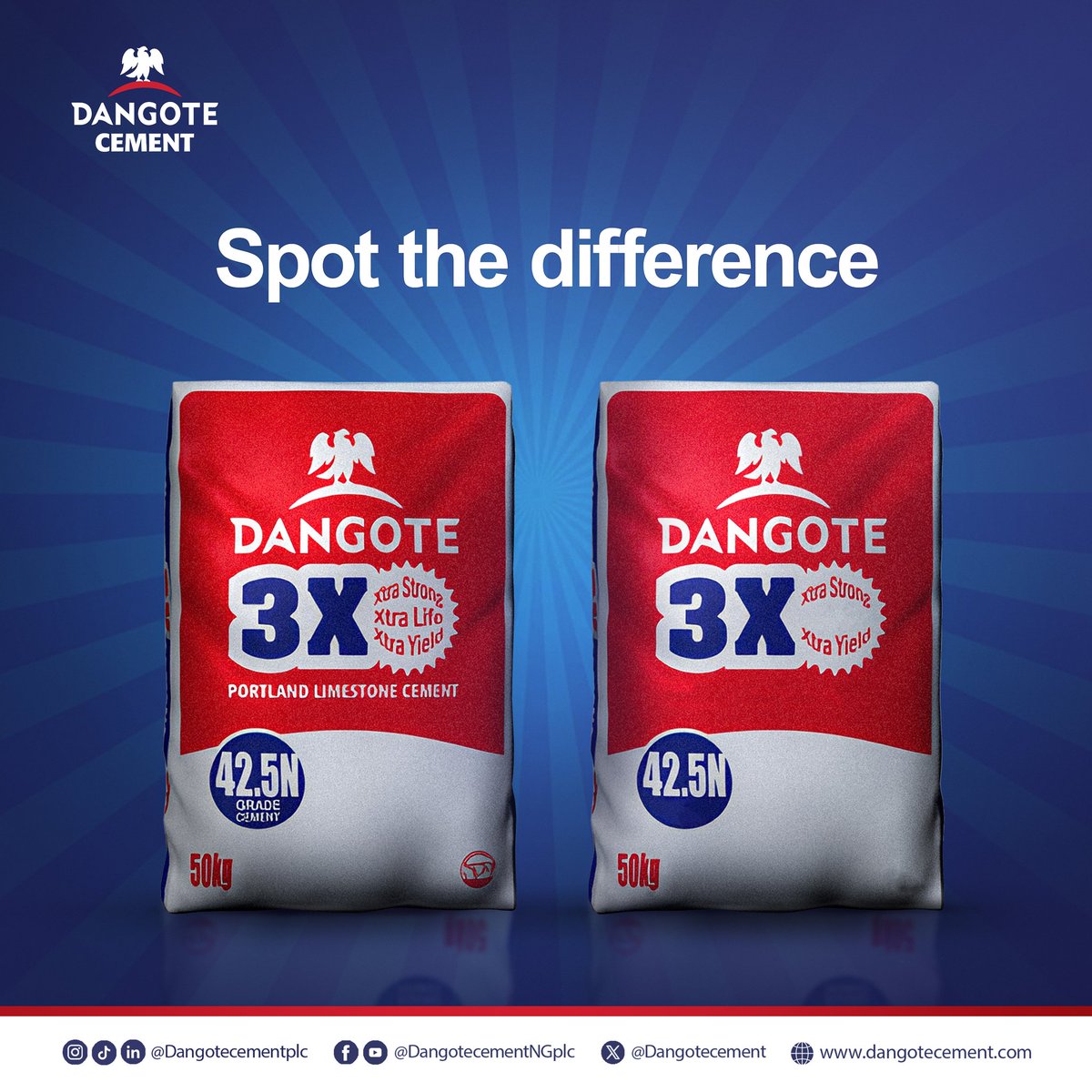 DangoteCement's tweet photo. How well do you know our Dangote Cement 3X 42.5N when you see it? Can you spot the difference? 

#DangoteCement #SpotTheDifference https://t.co/BVmFVMht57