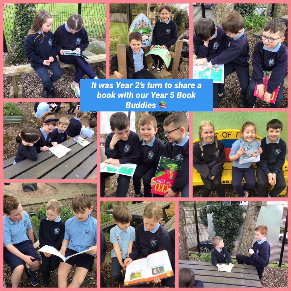Developing confidence, communication and interaction and fluency in reading in Year 2 this week as the boys and girls went outside to read with their older peers. Our children just love ‘Book Buddies!’ Great links to Outdoor Learning Week too! ☀️ #picoftheweek📸 @Eco_SchoolsNI