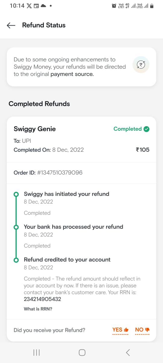 subhashpol1's tweet photo. @zomato @zomatocare This is the screen shot of refund from Swiggy , if Swiggy has an refund option why doesnt Zomato even have one , I am writing since 6th April for a refund ,  respond Zomato Team , this  is cheating Recipt No 4001188 , food came 2 hours , late  @PuneCityPolice https://t.co/TkxDCwIRKX
