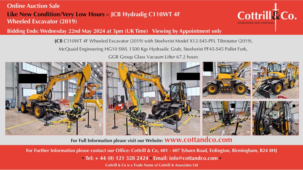 📆 Online #Auction Sale - 22 May 2024 - Like New Condition/Very Low Hours – JCB Hydradig C110WT 4F Wheeled Excavator (2019) #construction
 #ukmfg #usedmachines #manufacturinguk #manufacturing 

Link to Auction: cottandco.com/en/lots/auctio…
