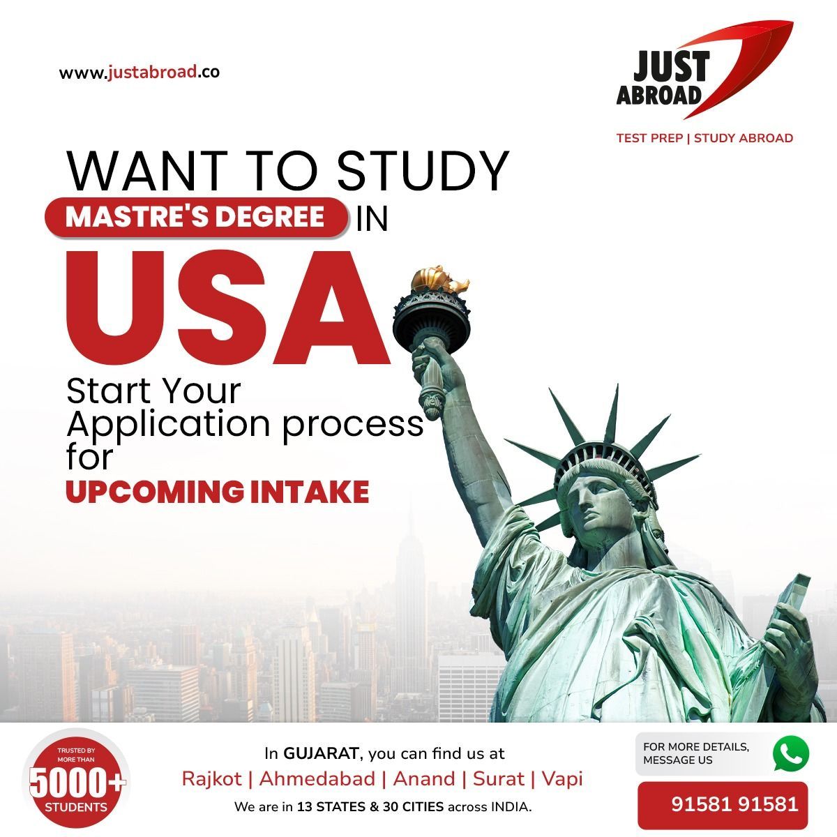 🌟🎓 Ready to pursue a Master's degree in the USA? 🇺🇸✈️ 

Kickstart your application process for the upcoming intake with Just Abroad! 📚🌍 

#JustAbroad #StudyInUSA #MastersDegree #FutureLeaders #DreamBig #GlobalEducation #EducationalAdventure #USExperience 📚🌏