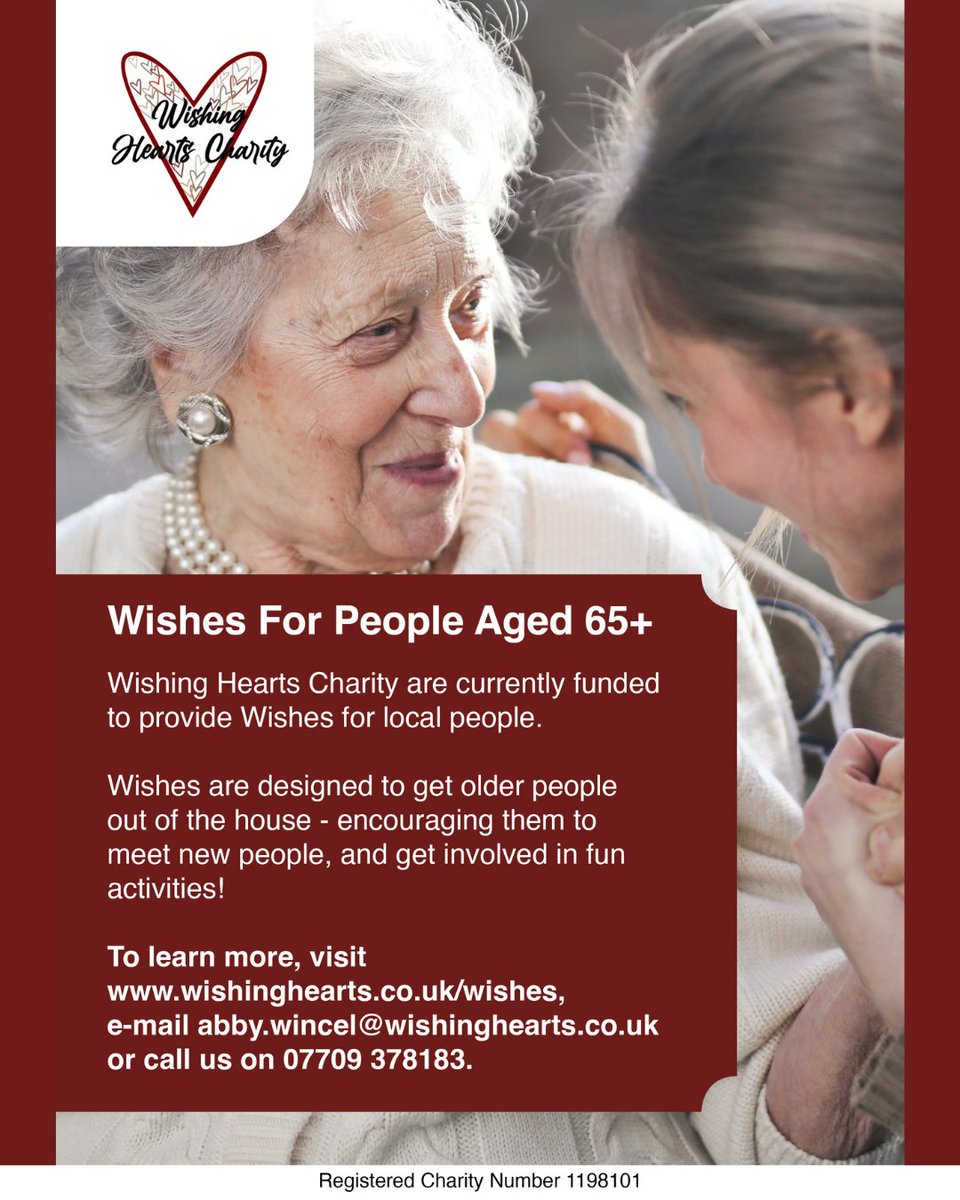 Wishing Hearts are a Maidstone-based charity currently providing 'Wishes' for older people across Kent! Wishes are community-based activities which encourage older people to get out of the house, connect with others, and do something exciting. More info: wishinghearts.co.uk/wishes