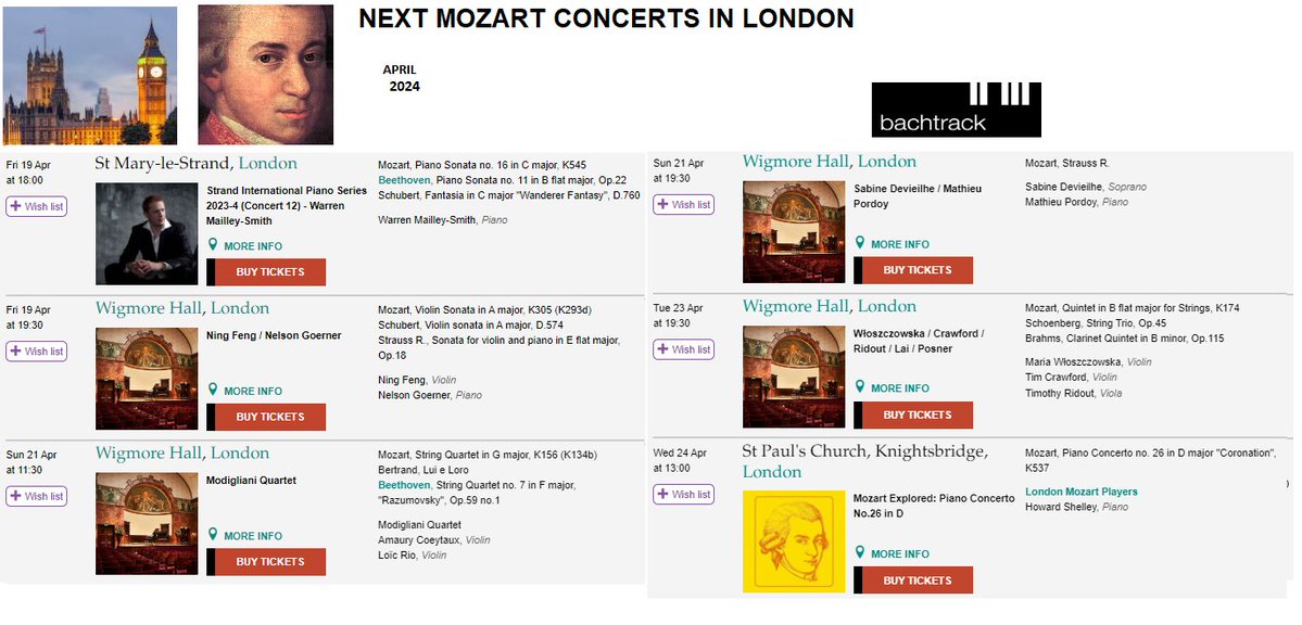 #NewConcertMc April 2024 6 Concerts from 19 to 24 April! Discover next concerts with #Mozart works in #London! #Londoners #Media #Music @wigmore_hall @StMaryleStrand @WMailleySmith @PiccadillySinf @mozartplayers @StPKbridge @DevieilheSabine @WarnerClassics @bachtrack