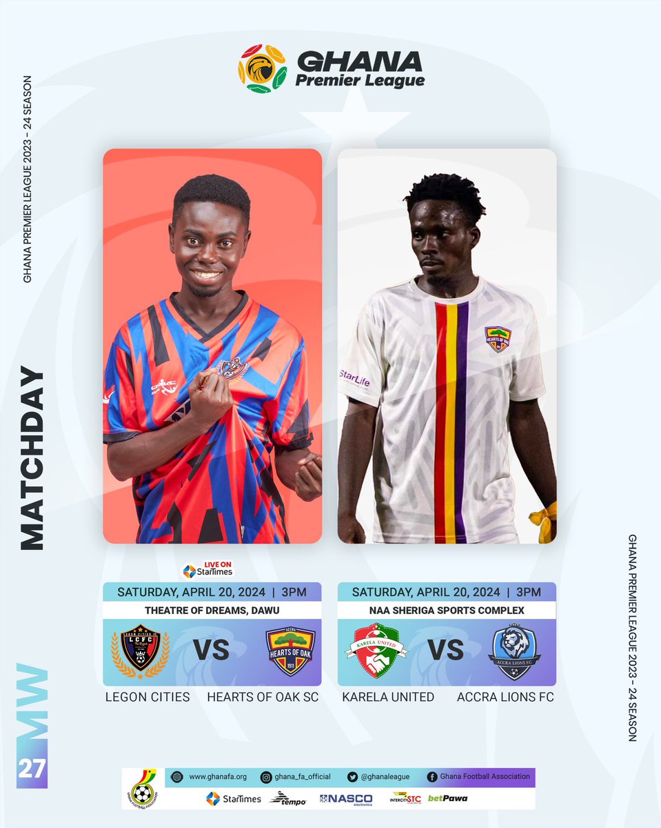 It’s matchday! Legon Cities vs Accra Hearts of Oak at 3pm at the Theatre of Dreams, Dawu Drop your predictions for this match.