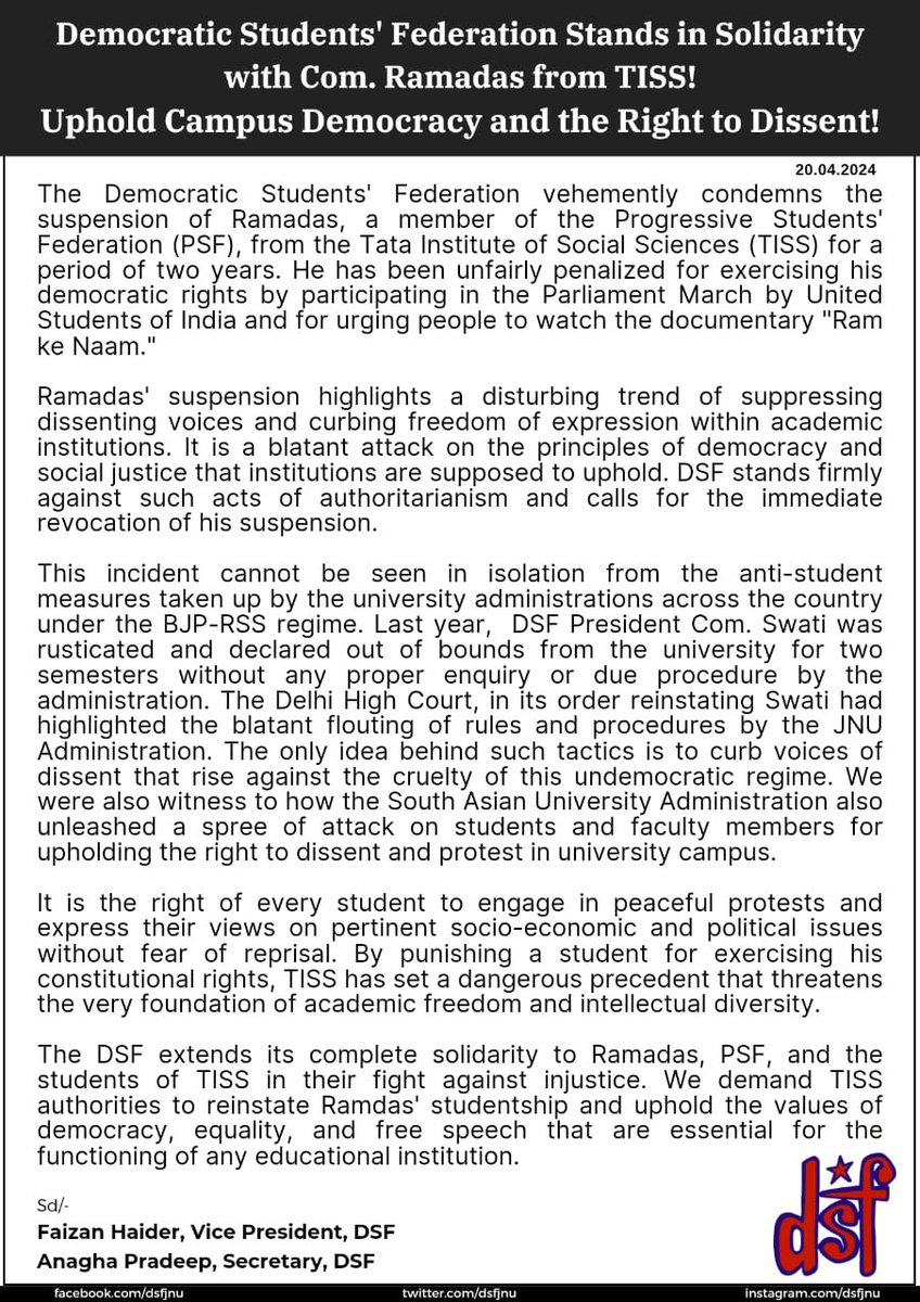 DSFJNU's tweet photo. Democratic Students' Federation Stands in
Solidarity with Com. Ramadas from TISS!
Uphold Campus Democracy and the Right to Dissent! https://t.co/5JZDCFpsz9