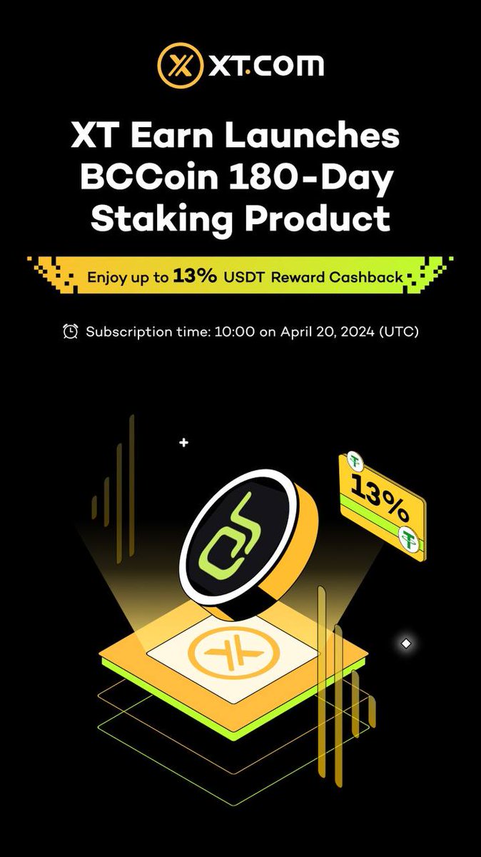 🥳 #XTEarn will launch the #BCCoin staking product at 10:00 on April 20, 2024 (UTC), offering users up to 💰13% USDT reward cashback! #BlackCardCoin #XTStaking 👉 BCCoin Staking Subscription Link: xt.com/en/finance/sta… 👉 Registration Link to Claim Staking Rewards:…