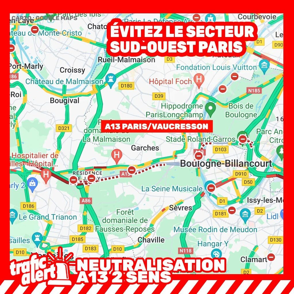 trafic_idf's tweet photo. 🚧 🔴 MESURE | A13 fermée entre Paris et Vaucresson dans les 2 sens dans les deux sens pour un problème de chaussée jusqu'au minimum lundi inclus. #A13 #DirIF #Paris #Normandie +sur  https://t.co/08GVnjOl4P https://t.co/8DhQC2LS4K