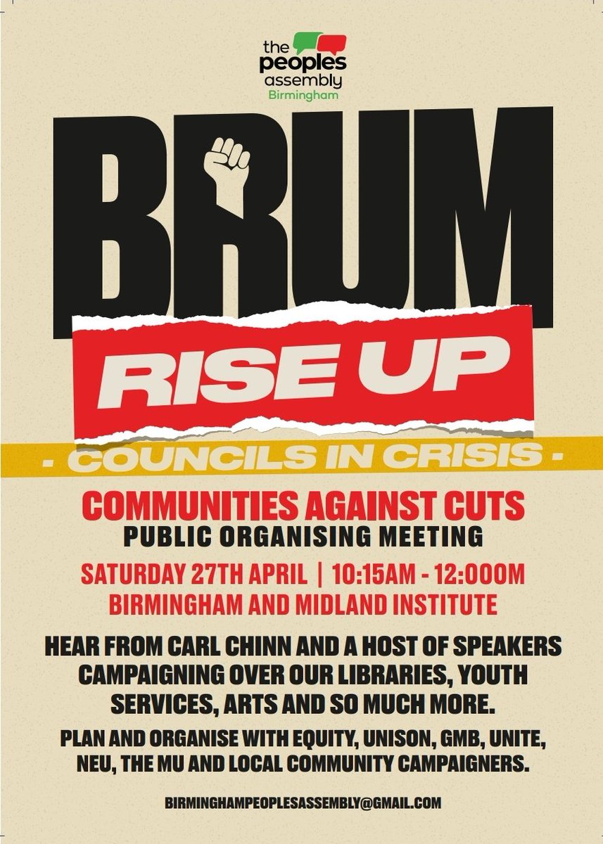 ☀️Calling proud Brummies☀️ One week today! Brummies are rising up to save our services! Join communities, activists and unions to shape and organise the campaign to #BailOutBrum 27th April . BMI . 10.15 @joelycett @officialND @JulieWaltersDBE @adilray @UB40 @TheCBSO @TheOldRep