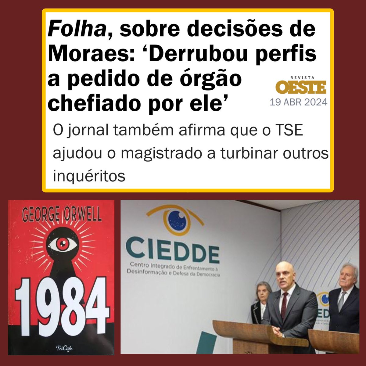 Gravíssimo! Um centro estatal que vigia cidadãos comuns e fornece informações a ELE para te punir a depender das opiniões. George Orwell ao escrever ainda em 1949 o livro '1984', como um profeta, descreveu um aparato tecnológico onde o Estado, apelidado de 'Big Brother' (o