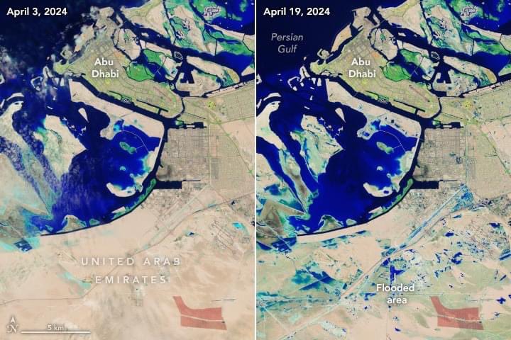 El antes y el después de las lluvias torrenciales que han caído esta semana en Emiratos Árabes Unidos con una sutil diferencia a vista de satélite. Estás lluvias han dejado anegadas algunas áreas desérticas cambiando por completo su paisaje.