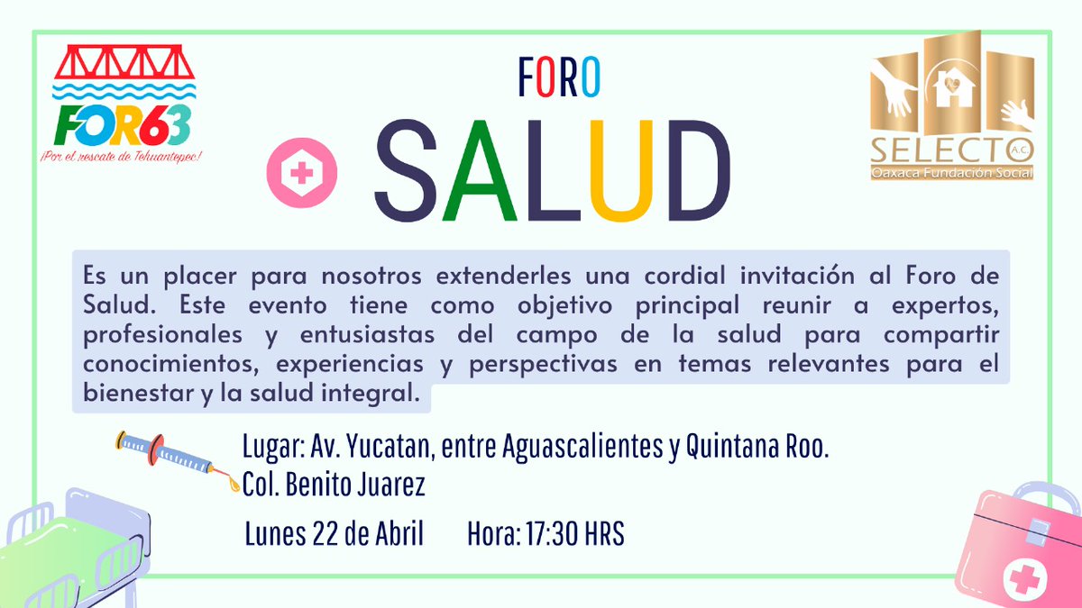 Buen día amig@s y paisan@s para el proyecto FOR63 por el rescate de Tehuantepec y la fundacion Selecto será un honor contar con su presencia en nuestro segundo Foro Ciudadano "FORO DE SALUD" y vamos con todo el proyecto FOR63 más vivo que nunca los invito a rescatar a Tehuantepec