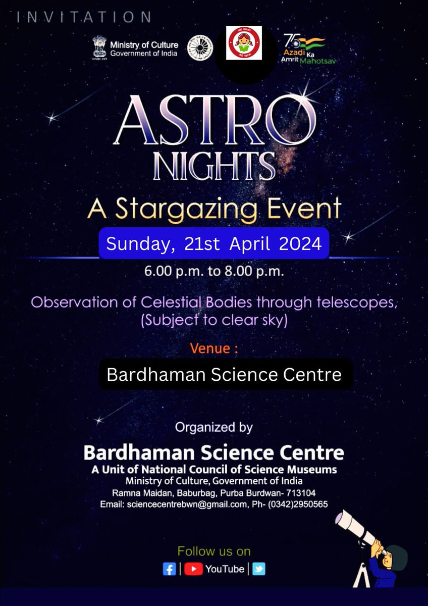 Under the starry canvas of the cosmos, every moment becomes a cosmic journey!

Join us for mesmerising Astro Nights, at @dscBardhman, a unit of @ncsmgoi, @MinOfCultureGoI, on April 21, 2024.

#Astronights #skyobservation #astrotourism #OurCultureOurPride