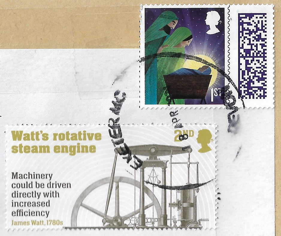 GB 2021 Industrial Revolutions 2nd Class Watt's rotative steam engine #stamp and 2022 1st class Christmas #stamp posted and actually postmarked Exeter 18th April 2024, arrived 19th April.