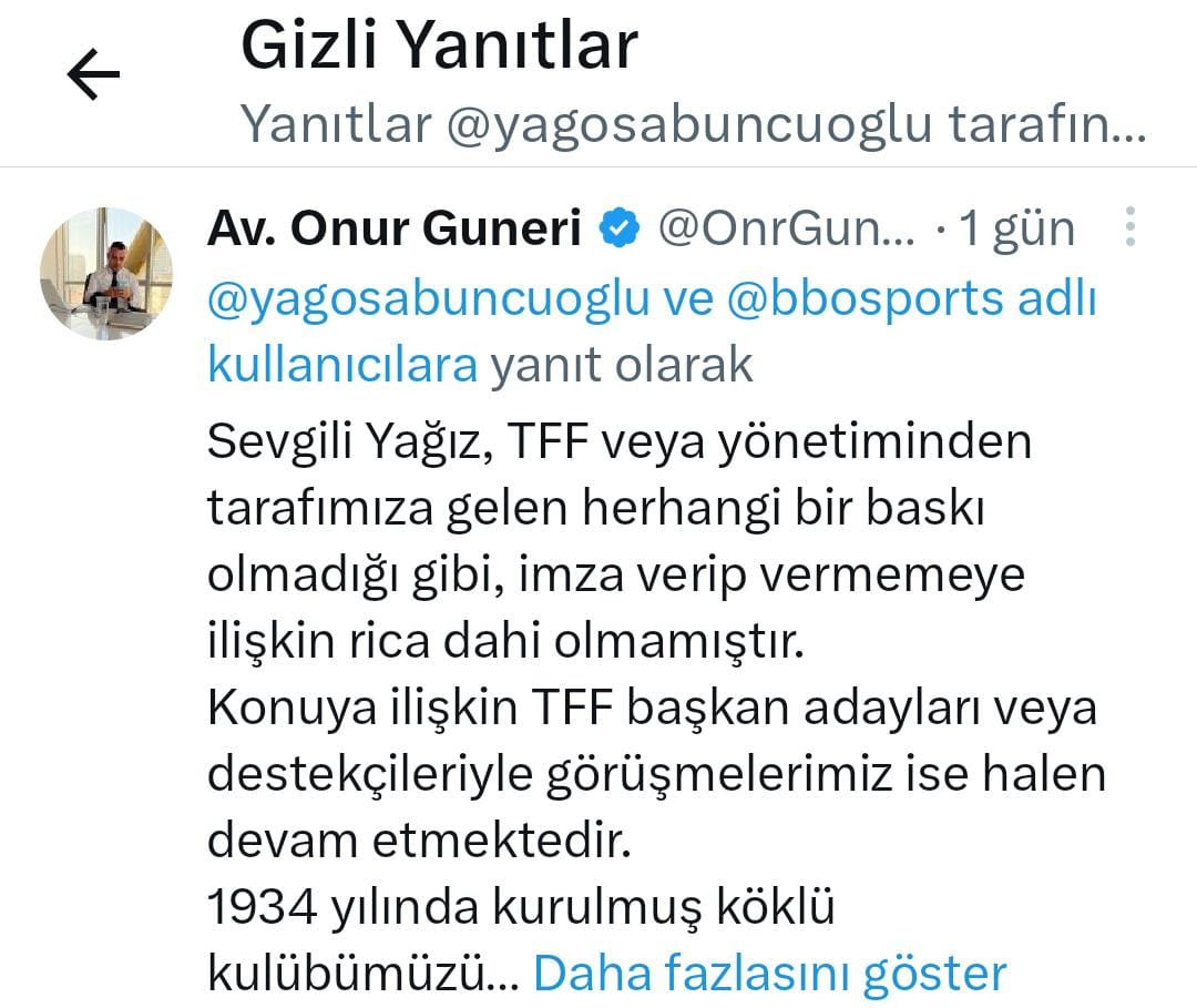 Sports Digitale'in Genel Yayın Yönetmeni Yağız Sabuncuoğlu, haberinin asılsız çıkması üzerine Darıca Gençlerbirliği Başkanı Onur Guneri'nin kendisini yalanlamasını gizliye aldı.