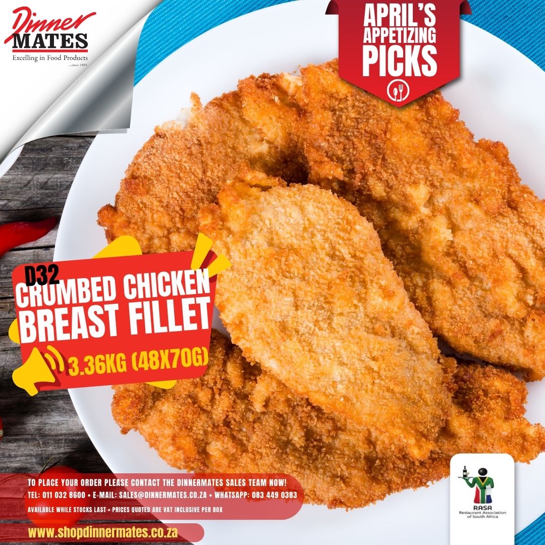 𝗖𝗿𝘂𝗺𝗯𝗲𝗱 𝗖𝗵𝗶𝗰𝗸𝗲𝗻 𝗕𝗿𝗲𝗮𝘀𝘁 𝗙𝗶𝗹𝗹𝗲𝘁 ~ 𝟯.𝟱𝗸𝗴 (𝟮𝟱 𝘅 𝟭𝟰𝟬𝗴) #AprilPicks #ChickenRissole #CrumbedChicken #BeefBurger #FoodieFinds #dinnermates #ommodigital shopdinnermates.co.za