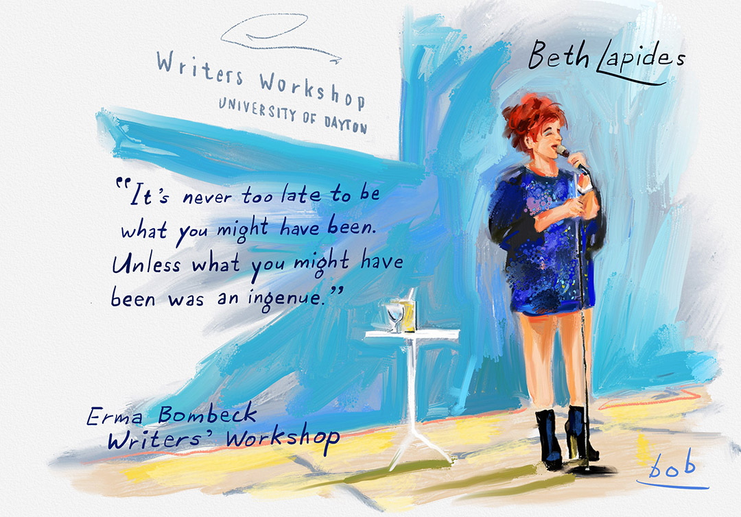 Comic and creativity coach @bethlapides  provided both insights and laughs at #ebww2024.

Illustration by @BobEckstein, artist-in-residence. #writing #writingcommunity #humor