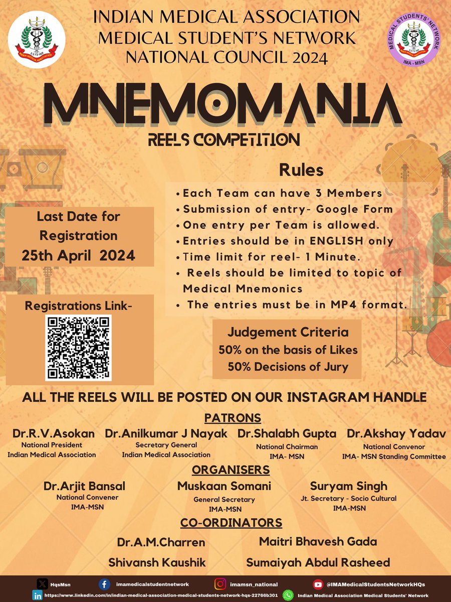 IMA-MSN National Council Presents, MNEMOMANIA- A Reel Making Competition on the topic - “Medical Mnemonics” Submit your entries (in teams of 3) using this link: forms.gle/R1RRSwXtFmUNAq… Last date of submission -25th April. Hoping for good participation #Medical #Reels #Students