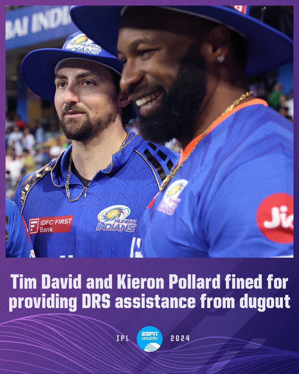 ESPNcricinfo has learned that both Tim David and Kieron were penalised for signalling from the dugout to the on-field batters to seek a review for a wide delivery during Mumbai Indians' game against Punjab Kings es.pn/3U9h3R9 #PBKSvMI #IPL2024