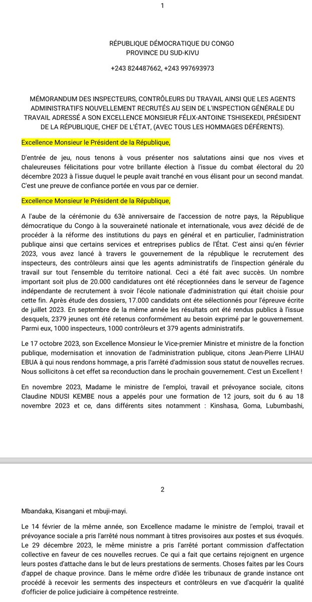 wembi_steve's tweet photo. #RDC: 🚨‼️| SOS 🆘 | L’État congolais abandonne les inspecteurs, contrôleurs du travail ainsi que les agents administratifs nouvellement recrutés au sein de l’inspection générale du travail.|  
“Depuis cette affectation collective, la plupart d'entre nous, pères et mères de familles se sont retrouvés dans différents coins du pays où ils n'ont jamais foulé les pieds et ce, à leurs charge personnelle. Certains à Lusambo dans le SANKURU, BENI territoire, BOENDE, LODJA, KATASOMWA, RUTCHURU, BENI VILLE, MASISI, NGANDAJIKA, KABEYA-KAMWANGA, KATAKOKOMBE, KINSHASA, LUBUMBASHI, KOLWEZI, ISIRO,...avec tous les risques que vous pouvez imaginer et ce, sans moyen ni frais de mutation ou de déploiement” [ Mémorandum]
