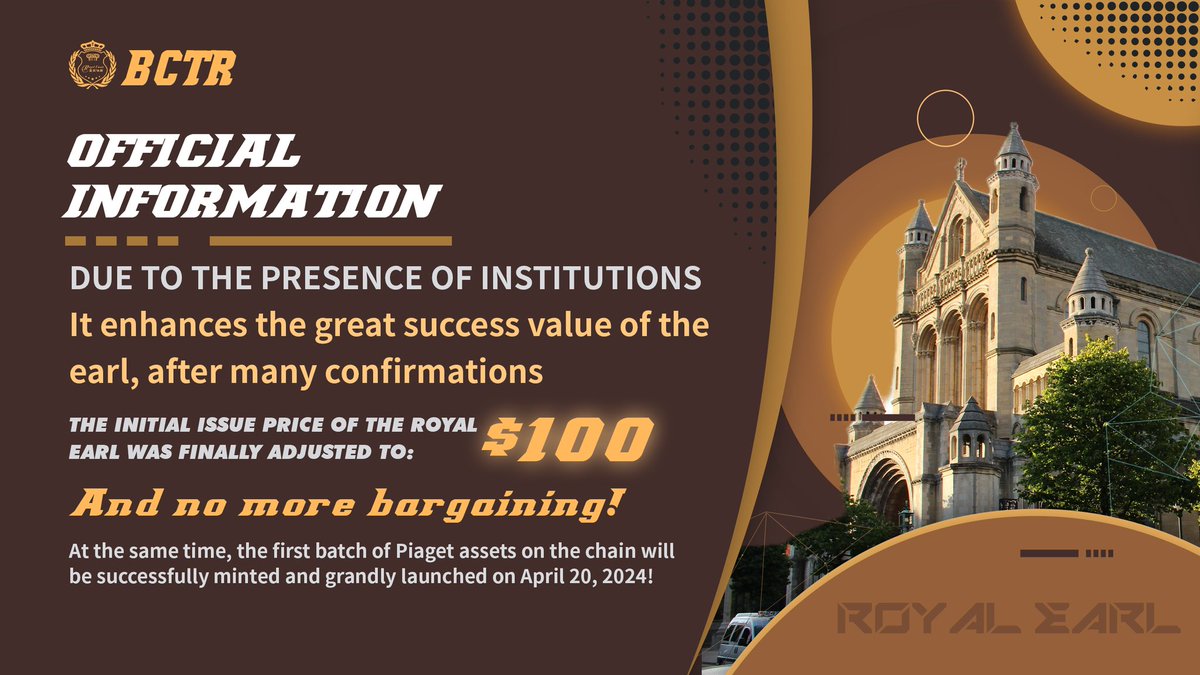 Royal_Count's tweet photo. Official News
As the institution settled in, enhanced the great success value of the count, after the multi-party indeed, the initial issue price of the royal count was finally adjusted to $100! No more bargaining! At the same time, the first Piaget assets on the chain will be successfully minted and grandly launched on April 20, 2024!