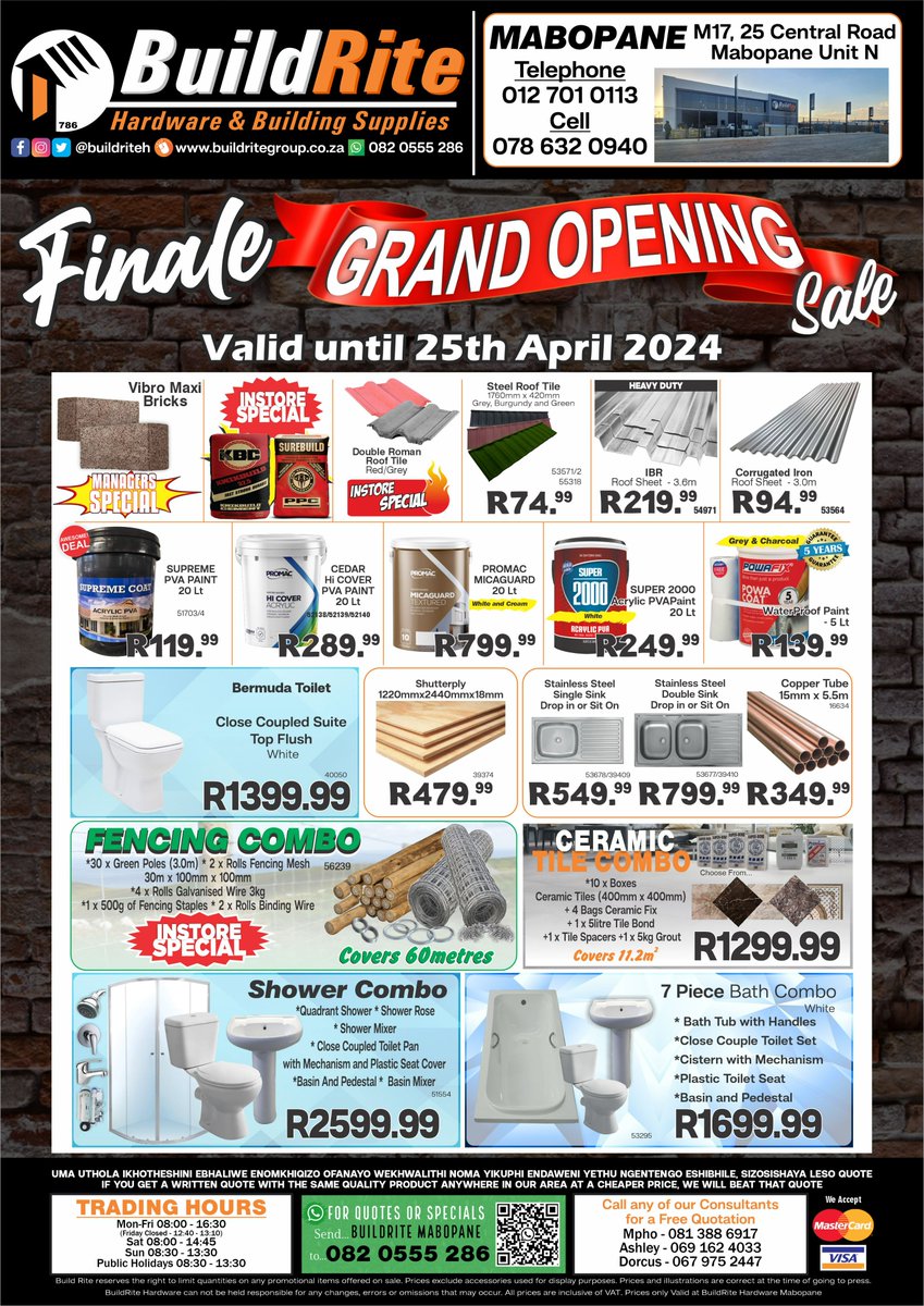 Share This Post and Tag us...And you Could Win a R500 BuildRite Voucher😁📷Your Last Chance to get These amazing Deals....Don't miss out on this amazing opportunity.📷#BuildRite #buildriteh #newstore #mabopane