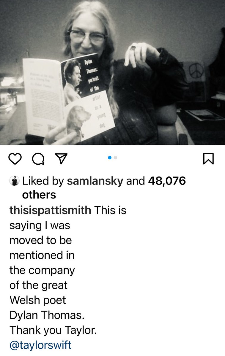 Patti Smith responds after being namechecked on Taylor Swift's title track This is saying I was moved to be mentioned in the company of the great Welsh poet Dylan Thomas. Thank you Taylor