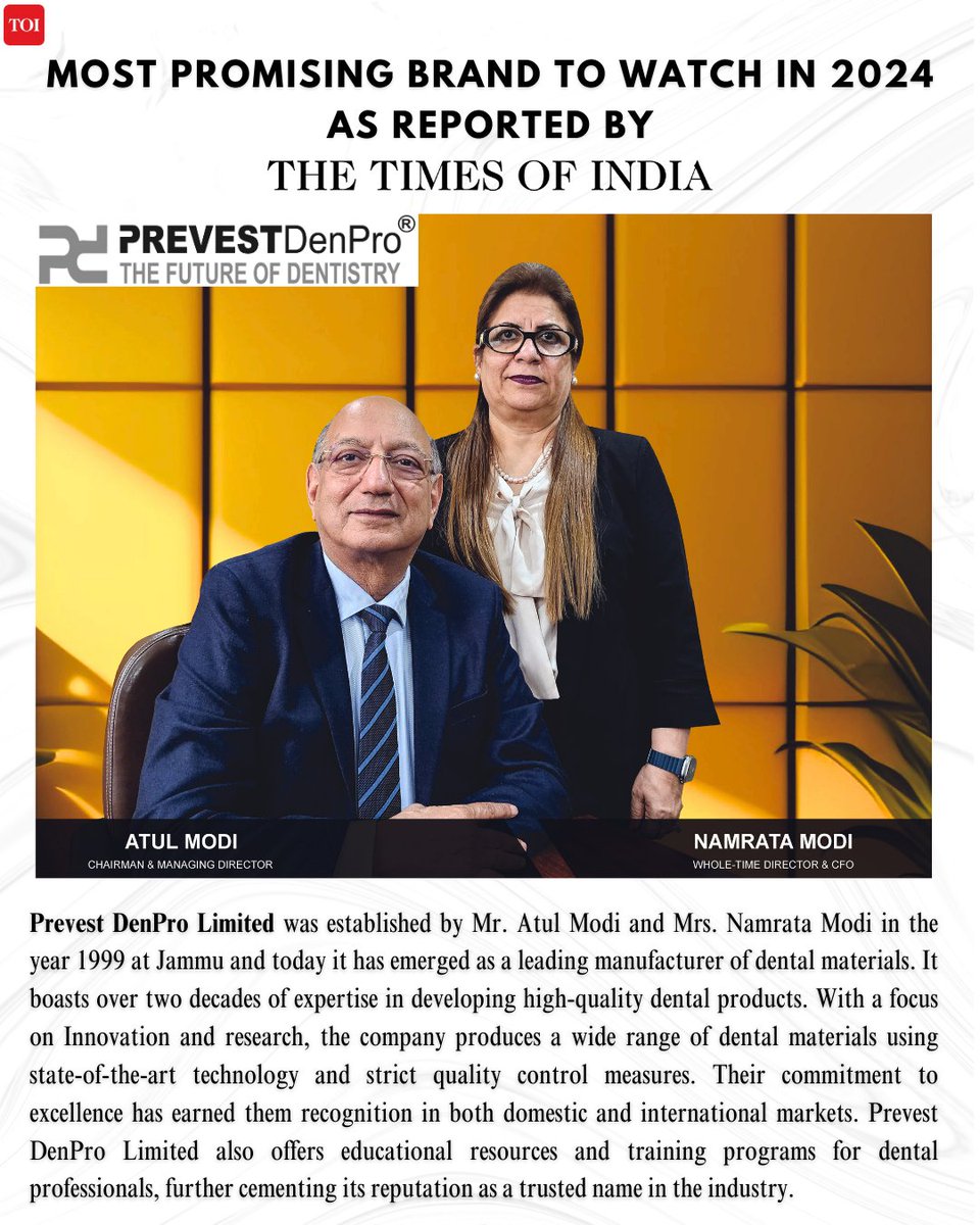 Prevest DenPro has been recognized as one of the most promising brands of 2024 by the Times of India. This achievement is a testament to our commitment to providing top-quality dental solutions and services to our customers. 

#prevestdenpro #timesofindia #mostpromisingbrand