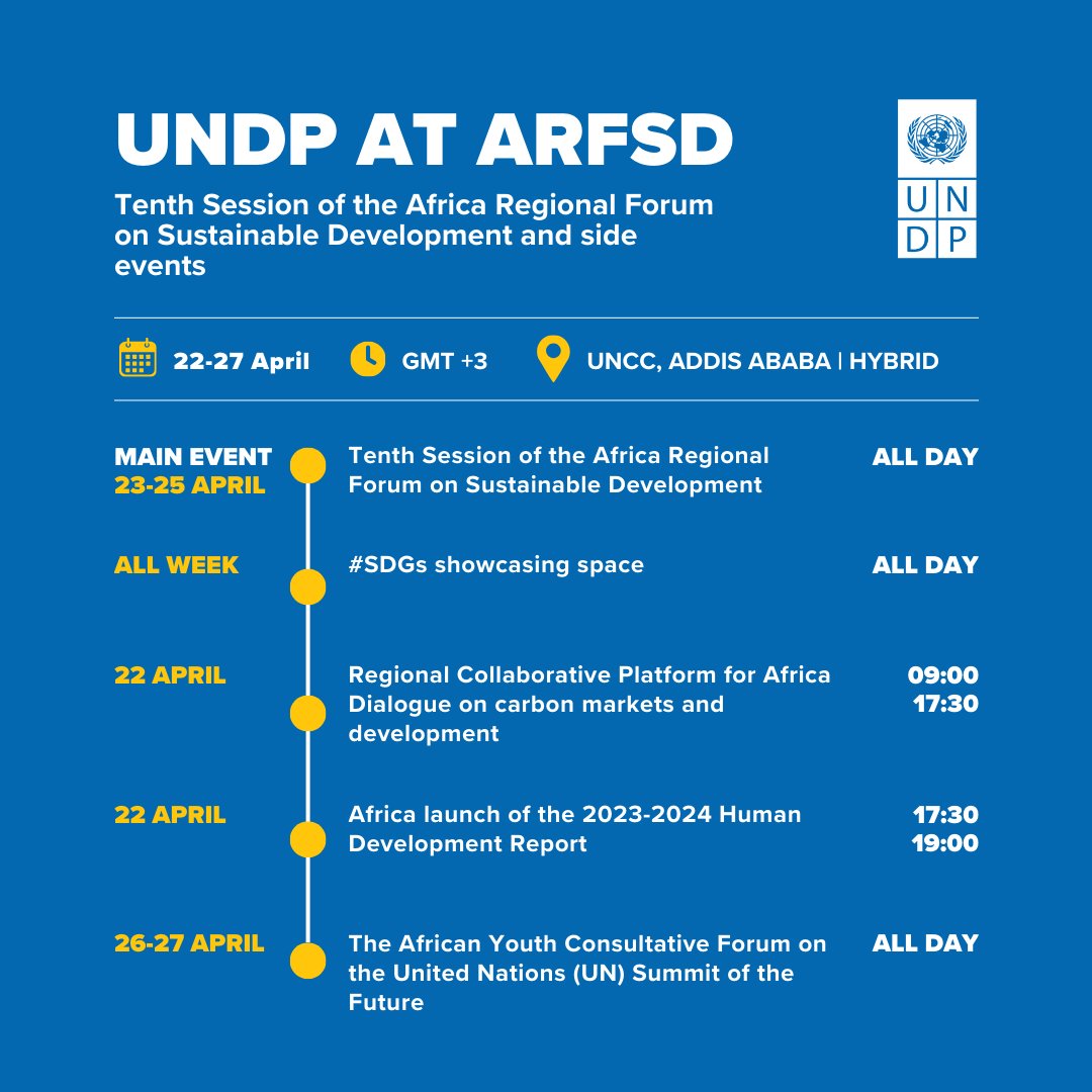 Our #ARFSD2024 side events at @ECA_OFFICIAL from 22-27 April: 📢 Dialogue on #CarbonMarkets 📖 Regional launch of #HDR2024 👥 Youth Consultative Forum 🎯 #SDGs showcasing space 👉 Learn more: bit.ly/3U7k3xx Advancing the goals & #Agenda2063