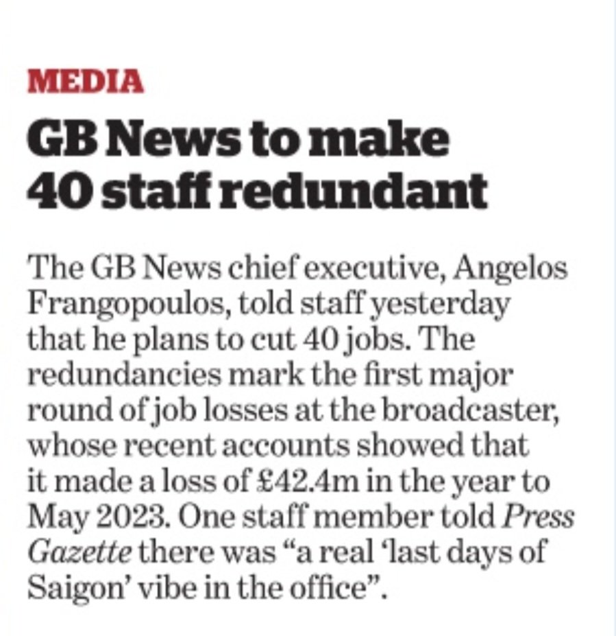 Oh what a shame, the first round of redundancies at GBNEWS.