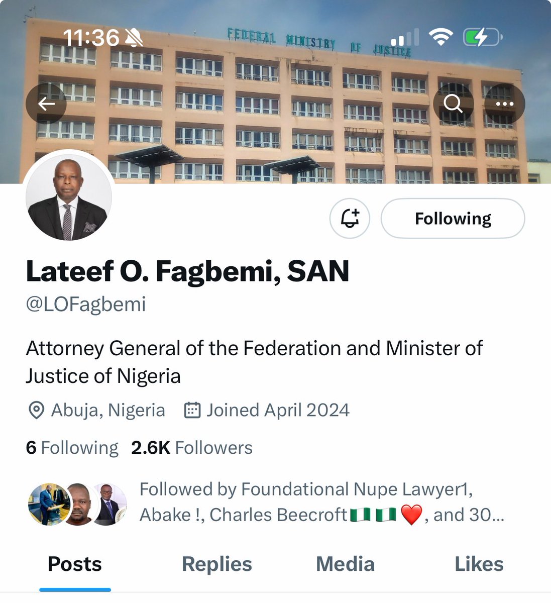 Let us welcome our Attorney General of Justice and the Honorable Minister of @FedMinOfJustice to X. 

2:  His handle is @LOFagbemi 

3:   Lawyers in the house pls follow his handle. @NigBarAssoc @YCMaikyauSAN @NbaLagos @OALNigeria @oagbakoba @SupremeCourtNg @njcNig