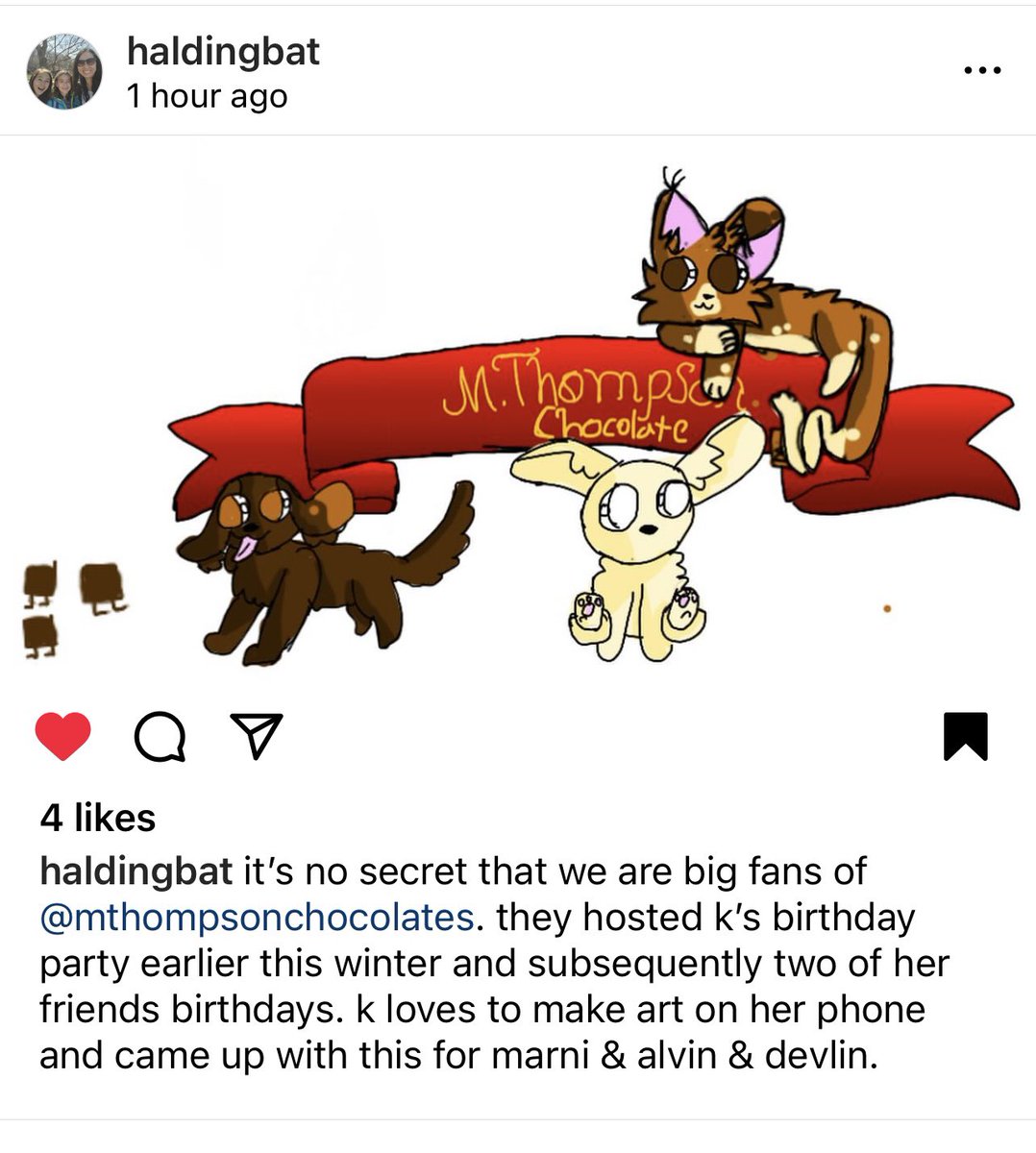 Thank you @haldingbat for sharing this beautiful artwork from Katherine. We all love it! Hope to see you soon.
“Chocolate Cheers”
.
.
.
#mthompsonchocolates#leslieville
#handmade#glutenfree#chocolate
#corporategifting#teambuilding
#weddingfavours#chocolateparties
#shoplocal