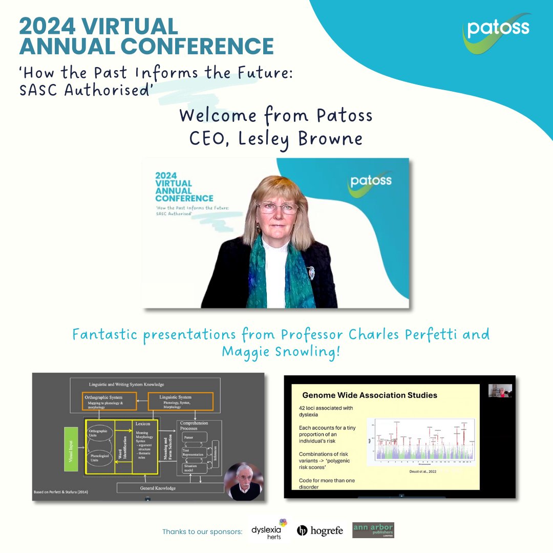 ...and we're off! 🎉 Our 2024 Virtual Annual Conference has begun! Kicked off with a welcome from Patoss CEO, Lesley Browne, followed by 2 fantastic presentations including this year's Keynote from Professor Charles Perfetti, and Maggie Snowling! #patossconference2024