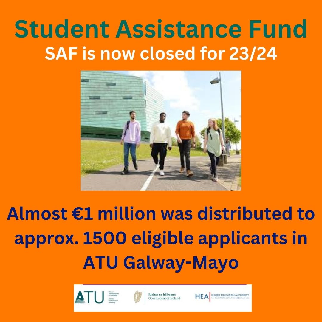 SAF is now closed for 23/24 & all of our funding is depleted. This academic year we allocated almost €1M in funding to 1500 applicants across the ATU Galway-Mayo campuses. @ATU_GalwayCity @ATU_Mayo @ATU_Mountbellew @ATU_Connemara @ATU_GALWAY_SDCA @ATUSUGalwayMayo