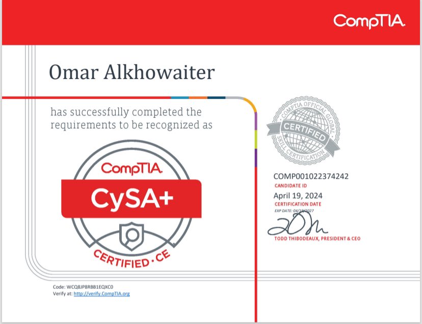 ولله الحمد 🤍
اجتزت اختبار #CySA+ من @CompTIA
CompTIA Cybersecurity Analyst Certified
تحت هالتغريدة بشارككم:
• تعريف عنها
• المحتوى
• مصادر