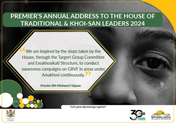 [INFOGRAPHICS] Premier's annual address to the House of Traditional and Khoi-San Leaders 2024.

#LetsGrowMpumalangaTogether #LeaveNoOneBehind #30YearsOfFreedom