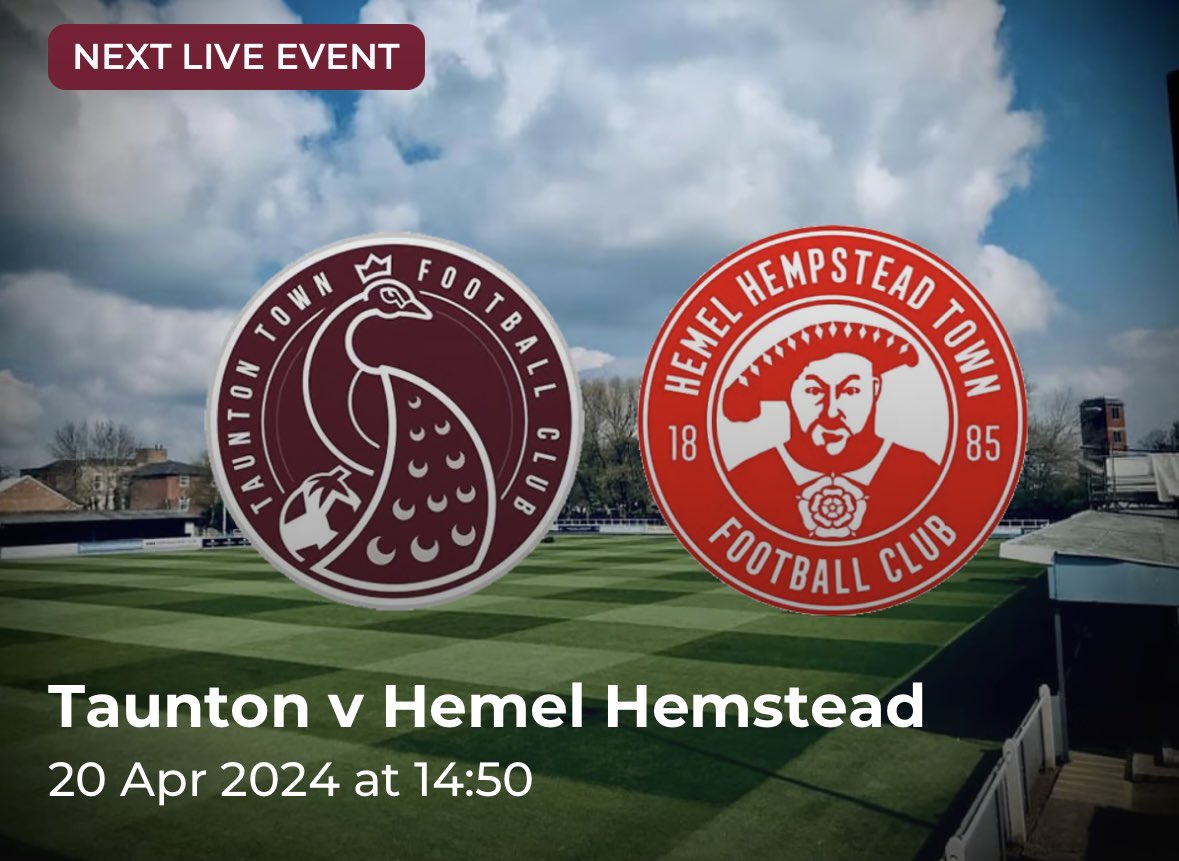 LAST HURRAH! Last game of the season.
🎟️@TauntonTownFC v @hemelfc 
🏆National League South 
🏟️Wordsworth Drive
⏰Kick off 15:00
📻Live and exclusive coverage on ttfc.uk/peacocks-radio 
🎙️Commentary with @smithy0601 & @Jozzariou. Tune in from 14:50